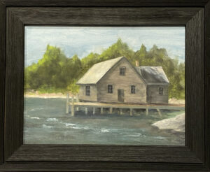 Painting of a wooden shack on stilts over water with a forested background