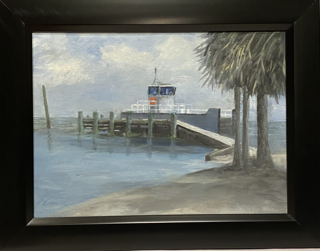 Painting of a dock with a small structure, palm trees, and calm waters at Cape San Blas