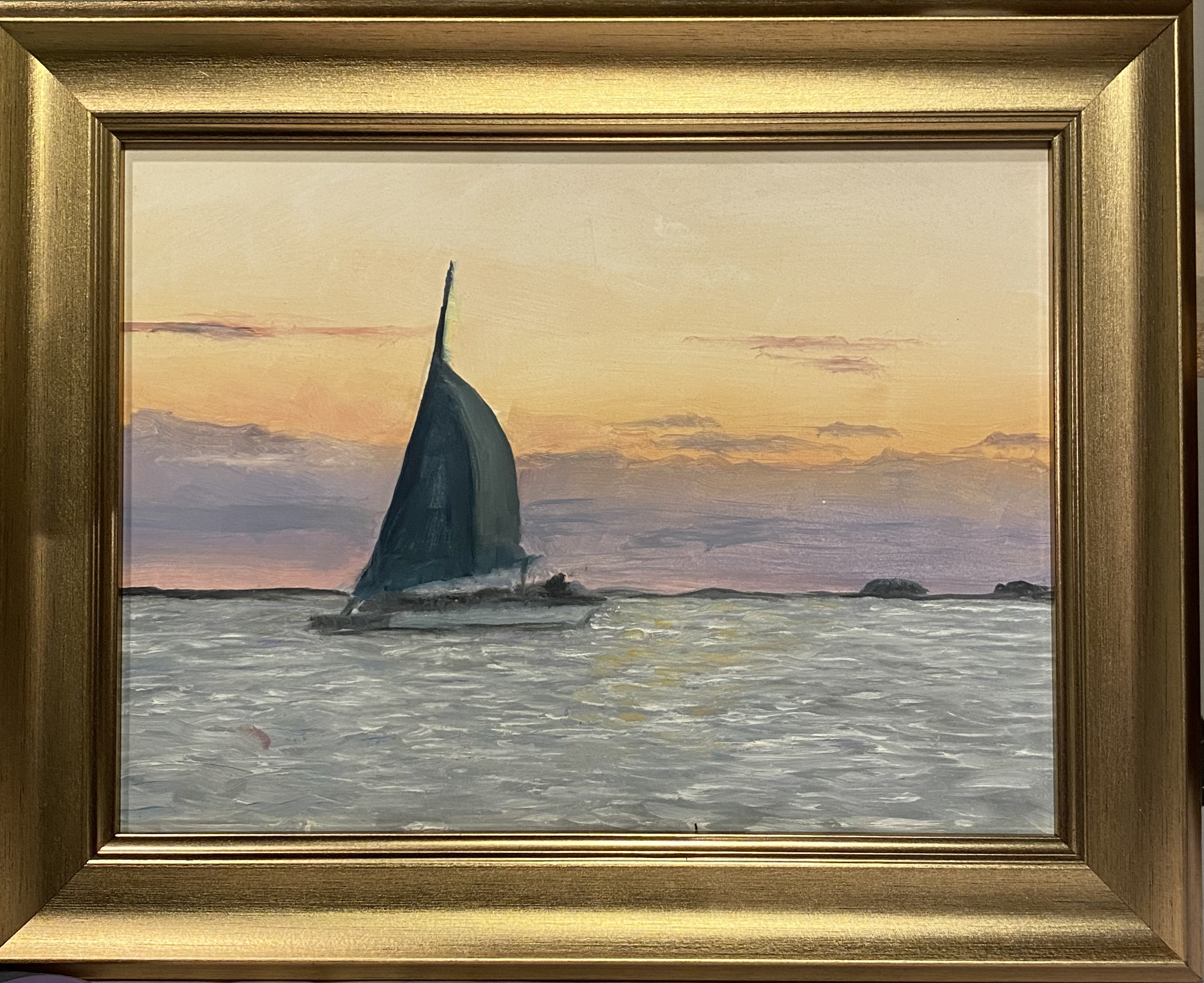 Painting of a sailboat on the water during a vibrant sunset in Key West