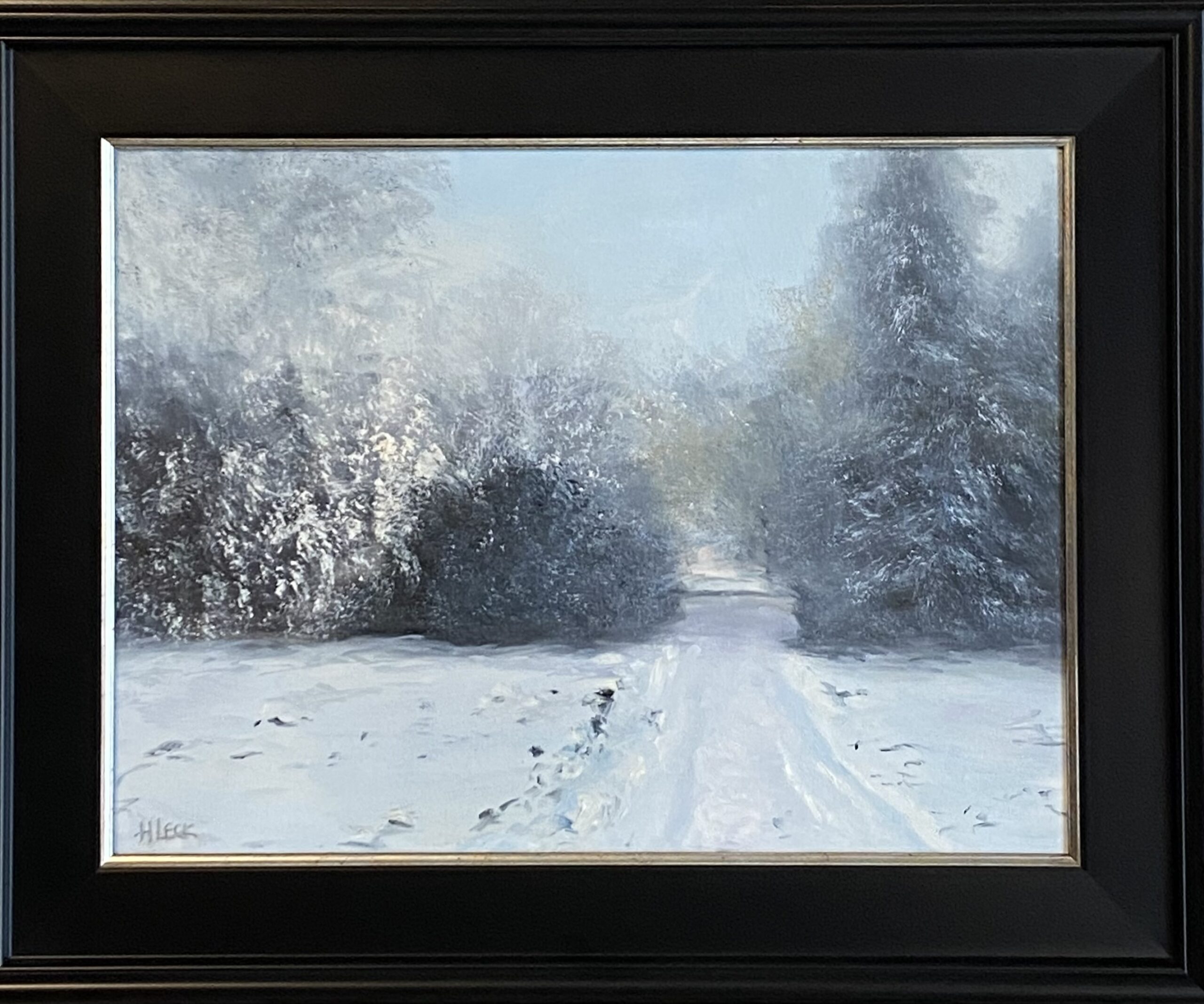 Painting of a snowy path through a winter forest