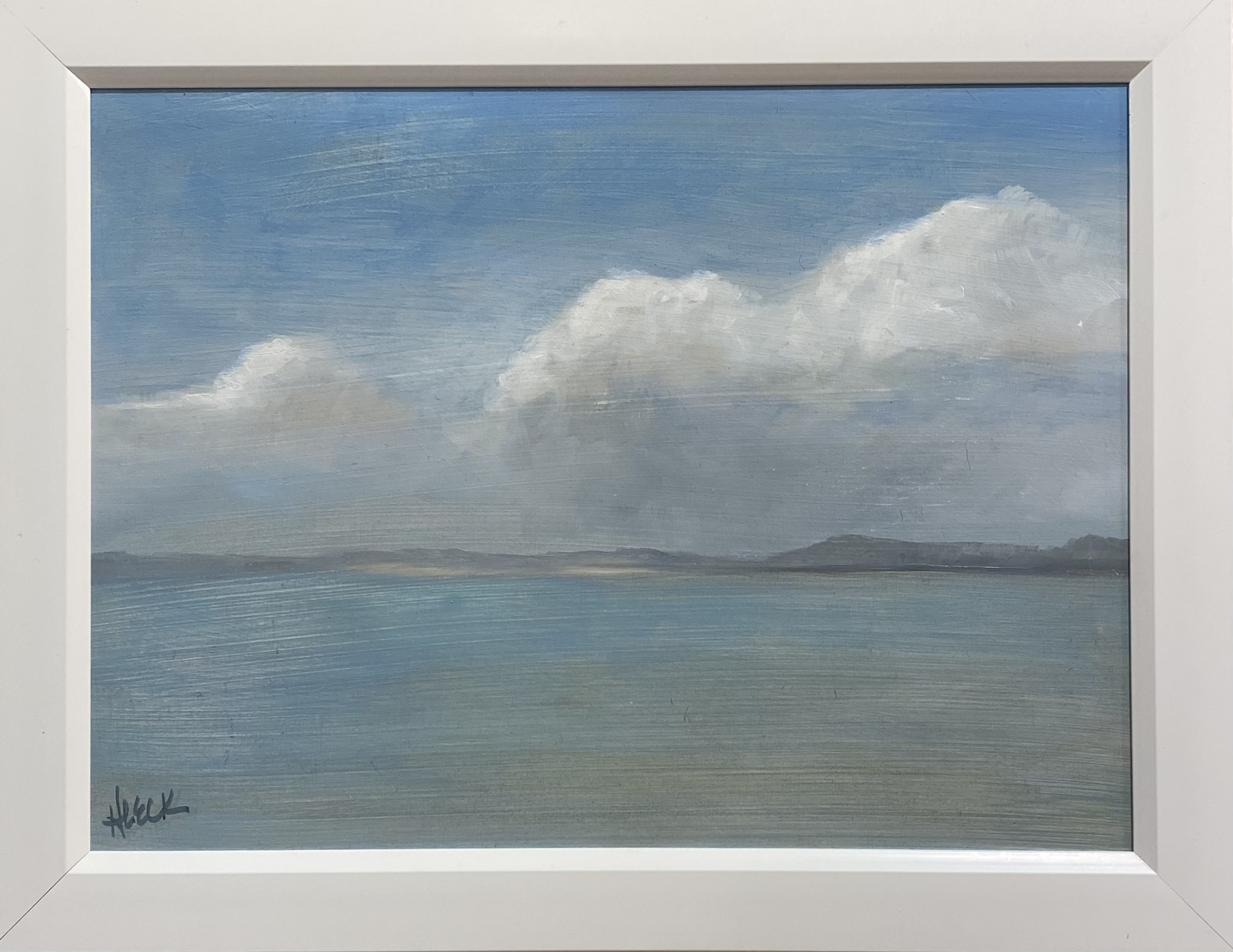 Painting of sunlit clouds over a calm body of water by Henry Leck, framed in white.