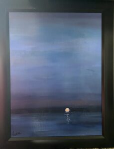 Painting of a full moon reflecting on calm water by Henry Leck, featuring soft blue and purple tones in the sky, framed in black.