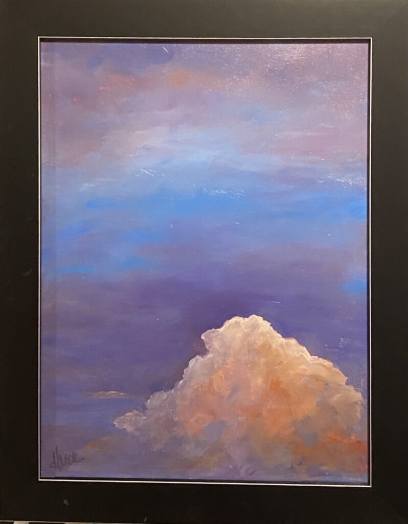 Painting of a large glowing cloud against a pastel sky by Henry Leck, featuring soft purples, blues, and pinks, framed in black.