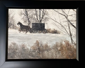 Painting of a horse-drawn buggy traveling through a snowy landscape by Henry Leck, featuring bare trees and soft white snow, framed in black. - 🔴 SOLD