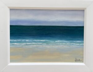 A serene seascape painting with layers of ocean, beach, and sky featuring deep teal water and a misty gray sky.