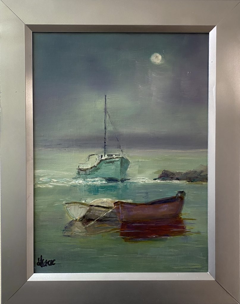 Framed painting titled 'Moonglow' by Henry Leck, depicting a moonlit seascape with boats on calm waters, featuring a glowing moon and soft reflections.