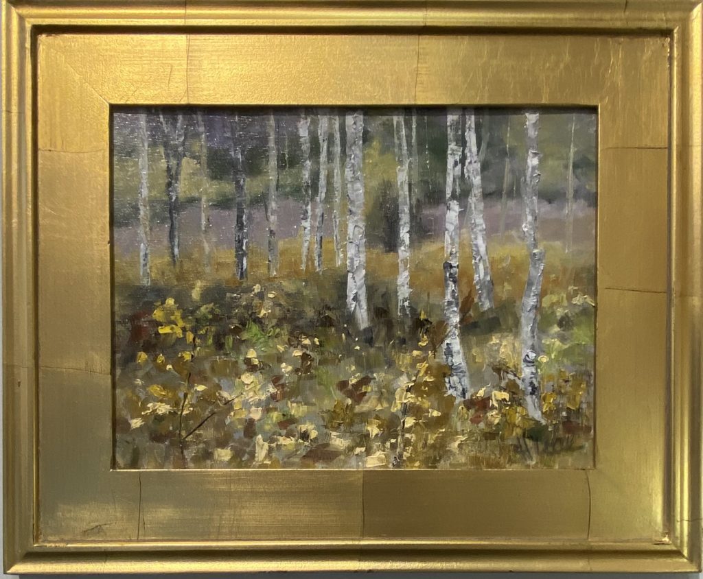 Framed oil painting titled 'Autumn Birch' by Henry Leck, depicting a serene autumn forest scene with white-barked birch trees and golden foliage.