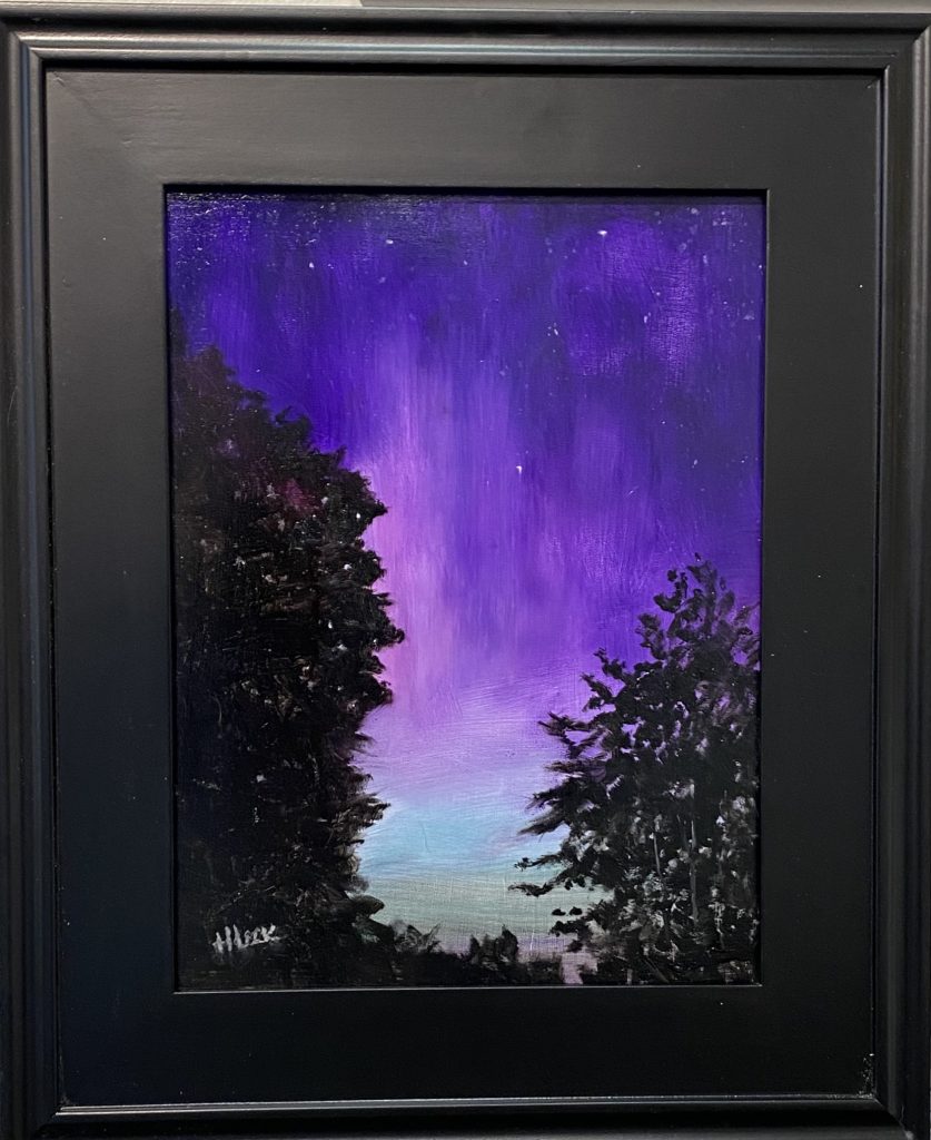 Framed oil painting titled 'Northern Lights' by Henry Leck, depicting a vibrant aurora borealis in shades of purple and blue against a silhouetted forest.