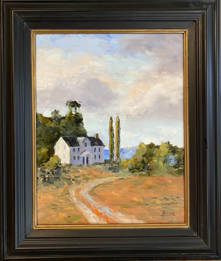 Framed oil painting titled 'Italian Pines' by Henry Leck, featuring a countryside villa with a winding path and tall Italian pines under a soft sky.