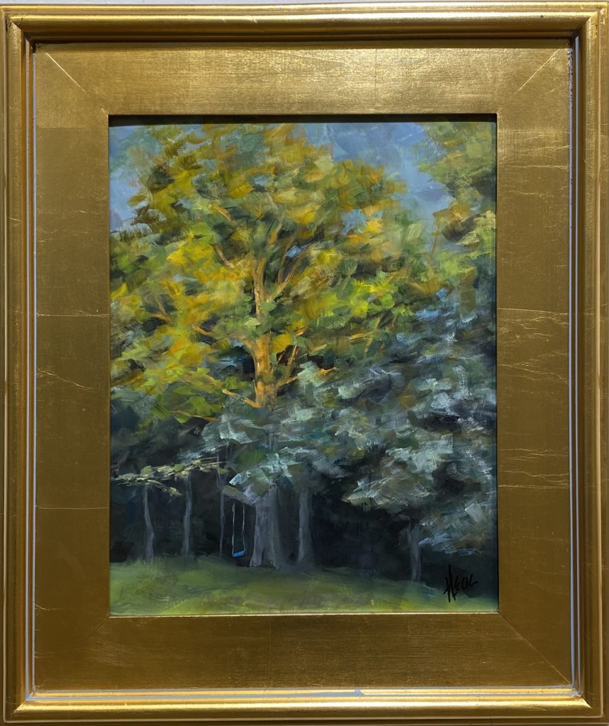 Framed oil painting titled 'The Mighty Beech' by Henry Leck, featuring a majestic sunlit beech tree surrounded by lush green foliage with a wooden swing beneath its branches.