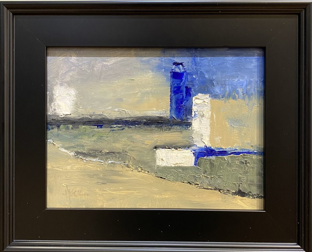 Framed oil painting titled 'Two Silos' by Henry Leck, featuring an abstract impressionist depiction of two silos set against a rural landscape with bold textures and earthy tones.