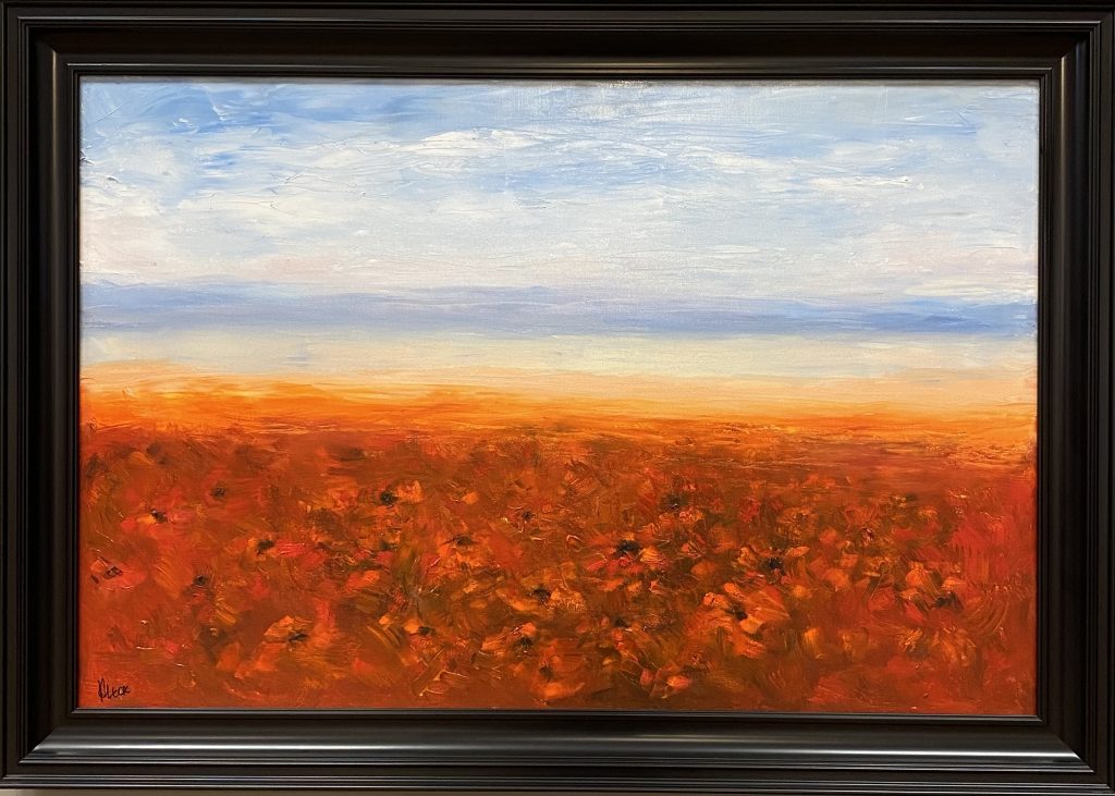 Framed oil painting titled 'Red Blooming Field' by Henry Leck, featuring a vast expanse of vibrant red flowers stretching toward a warm, glowing horizon under a soft blue sky.