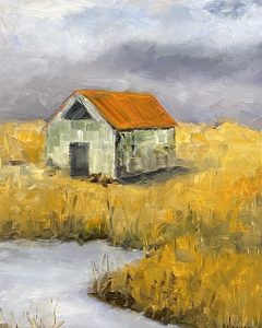 Impressionist-style landscape painting of a small weathered barn with an orange roof, set in golden fields beneath a cloudy sky