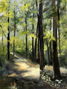 Landscape painting of a sun-dappled forest trail surrounded by tall trees with green foliage, painted in an impressionist style
