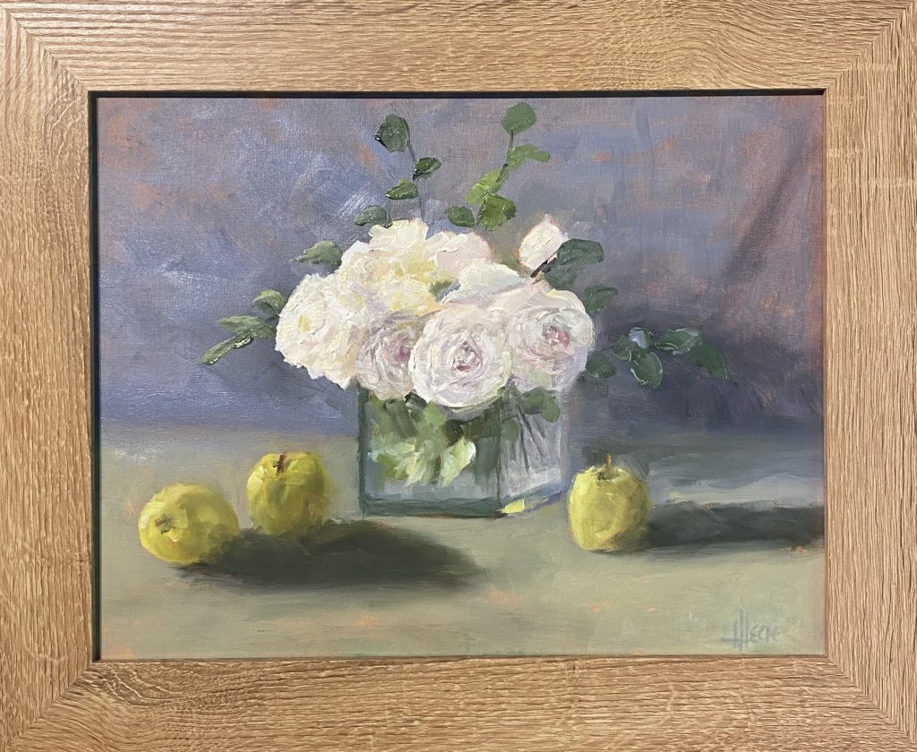 Still life painting by Henry Leck featuring a glass vase of white roses with green apples on a soft green surface against a muted purple-gray background.