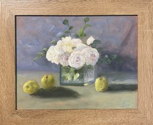 Still life painting by Henry Leck featuring a glass vase of white roses with green apples on a soft green surface against a muted purple-gray background.