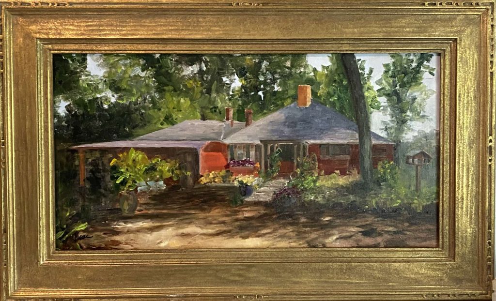 Landscape painting of a cozy red-brick country home surrounded by lush greenery, potted flowers, and large trees in soft sunlight
