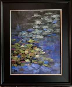Abstract impressionist painting of colorful waterlilies and reflections on a rippling blue and violet pond