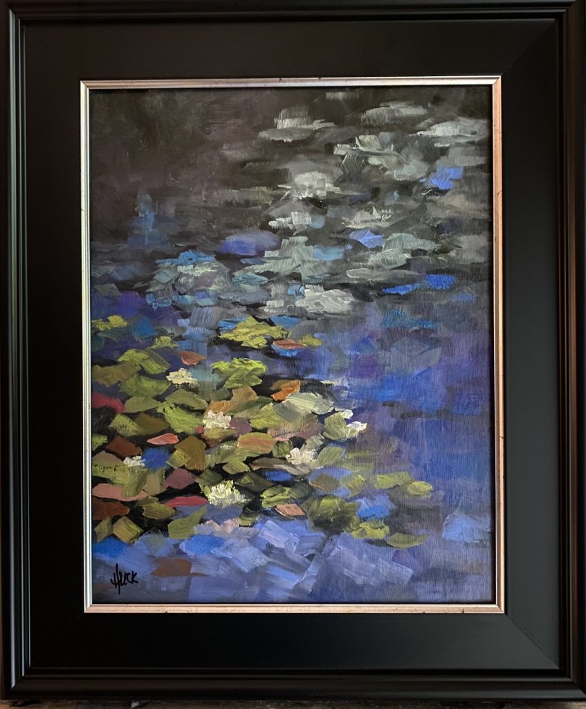 Abstract impressionist painting of colorful waterlilies and reflections on a rippling blue and violet pond