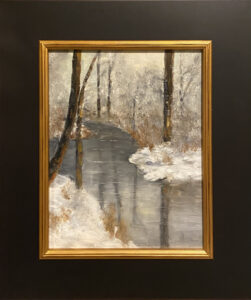 A painting by Henry Leck titled "Reflecting Stream," depicting a serene winter landscape with a frozen stream surrounded by snow-covered trees and foliage.