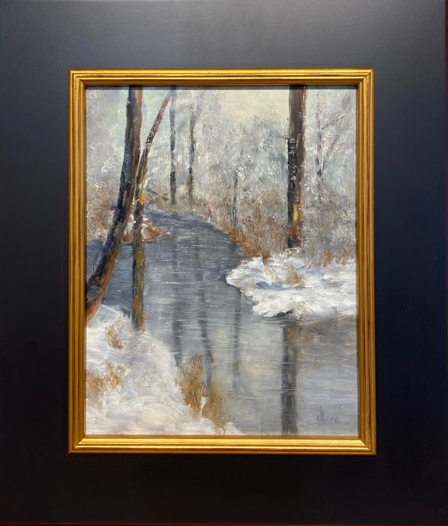 Oil painting of a winding snowy creek in a winter forest, with bare trees reflected in the icy water