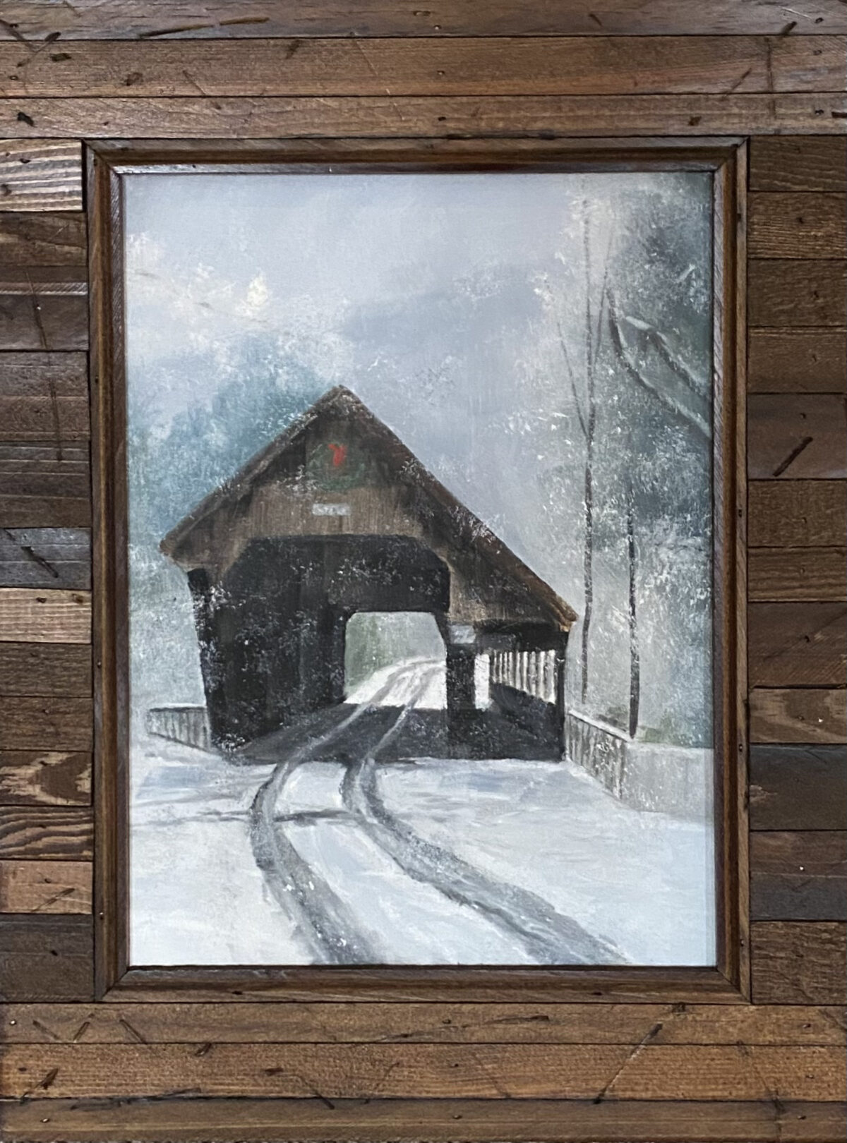 Henry Leck's painting depicts a snow-covered bridge in a winter landscape, with traces of footsteps on the snowy path.