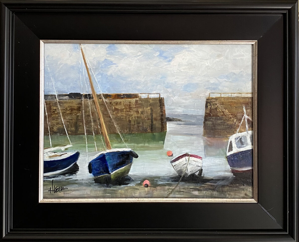 Vivid painting by Henry Leck of Mousehole Harbor with colorful boats gently bobbing in the water.