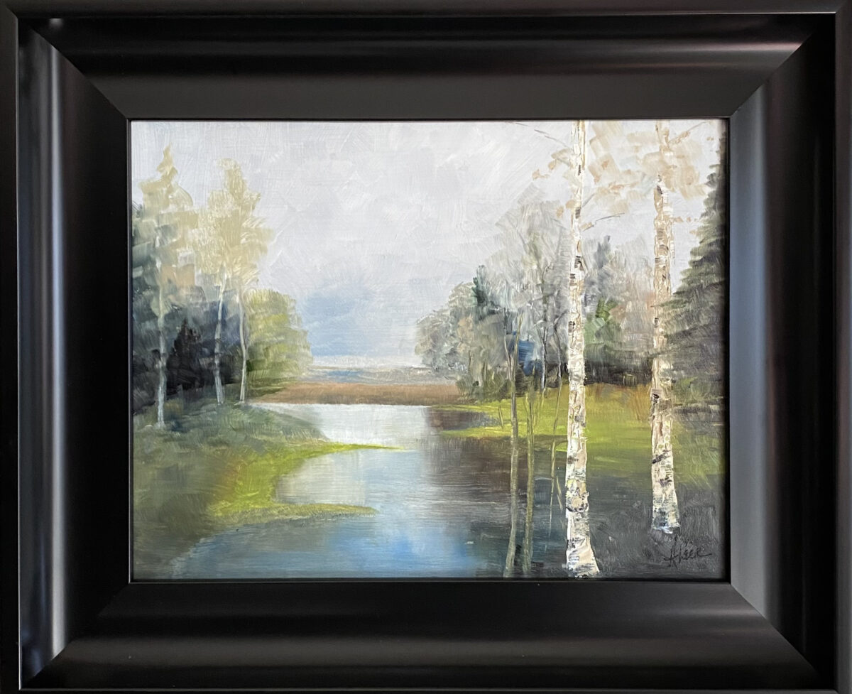 Henry Leck's landscape painting displays silver birch trees beside a calm lake, reflecting nature's serene beauty.