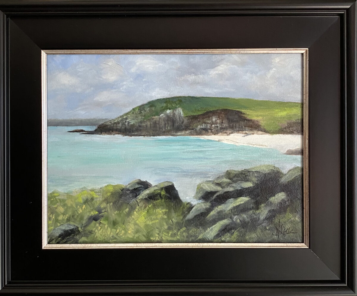 Painting by Henry Leck of the coastal cliffs of Penzance Pendeen under a bright sky.