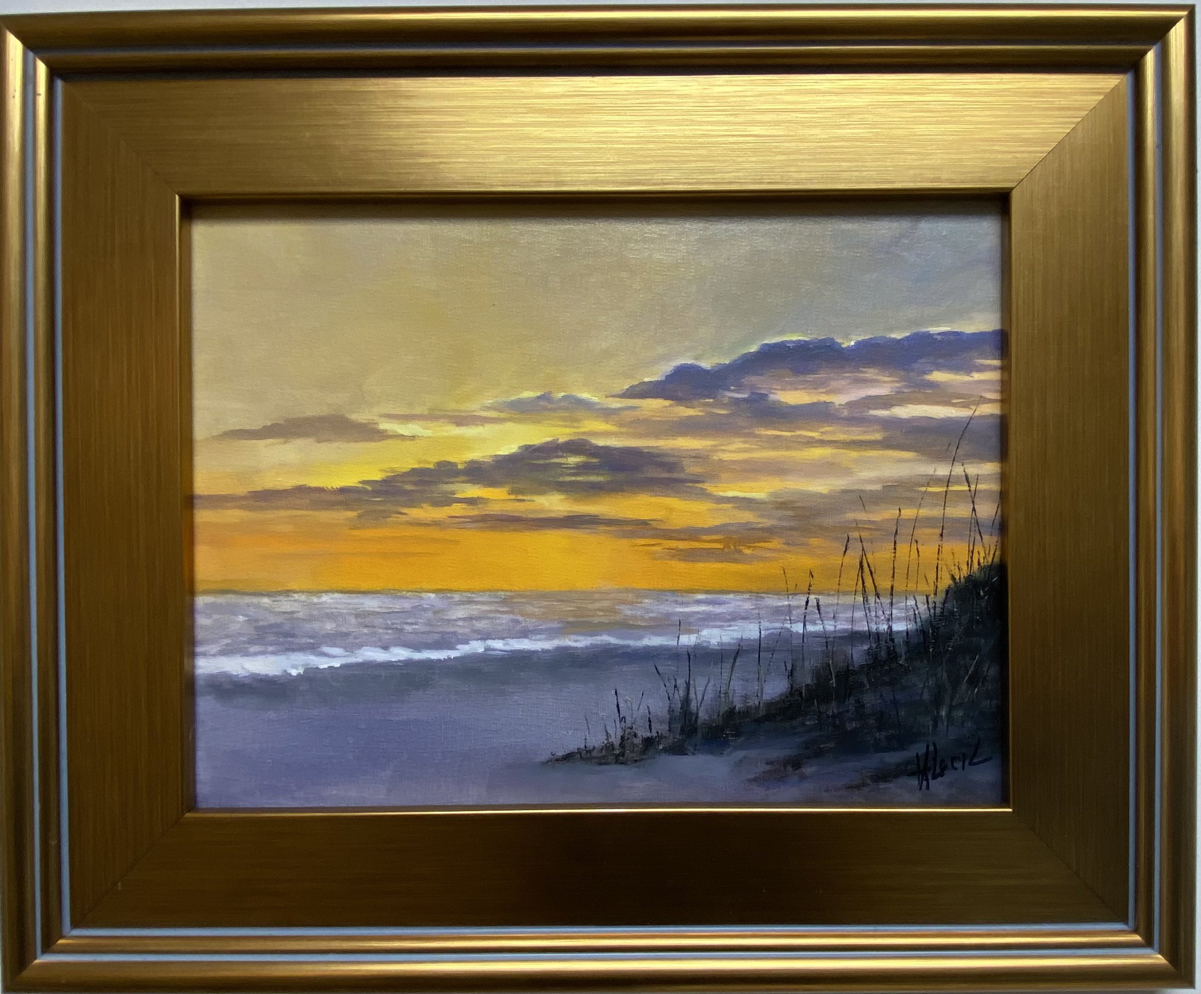 Dramatic sunset over the gulf with beach grasses silhouetted against the sky in Henry Leck's painting.