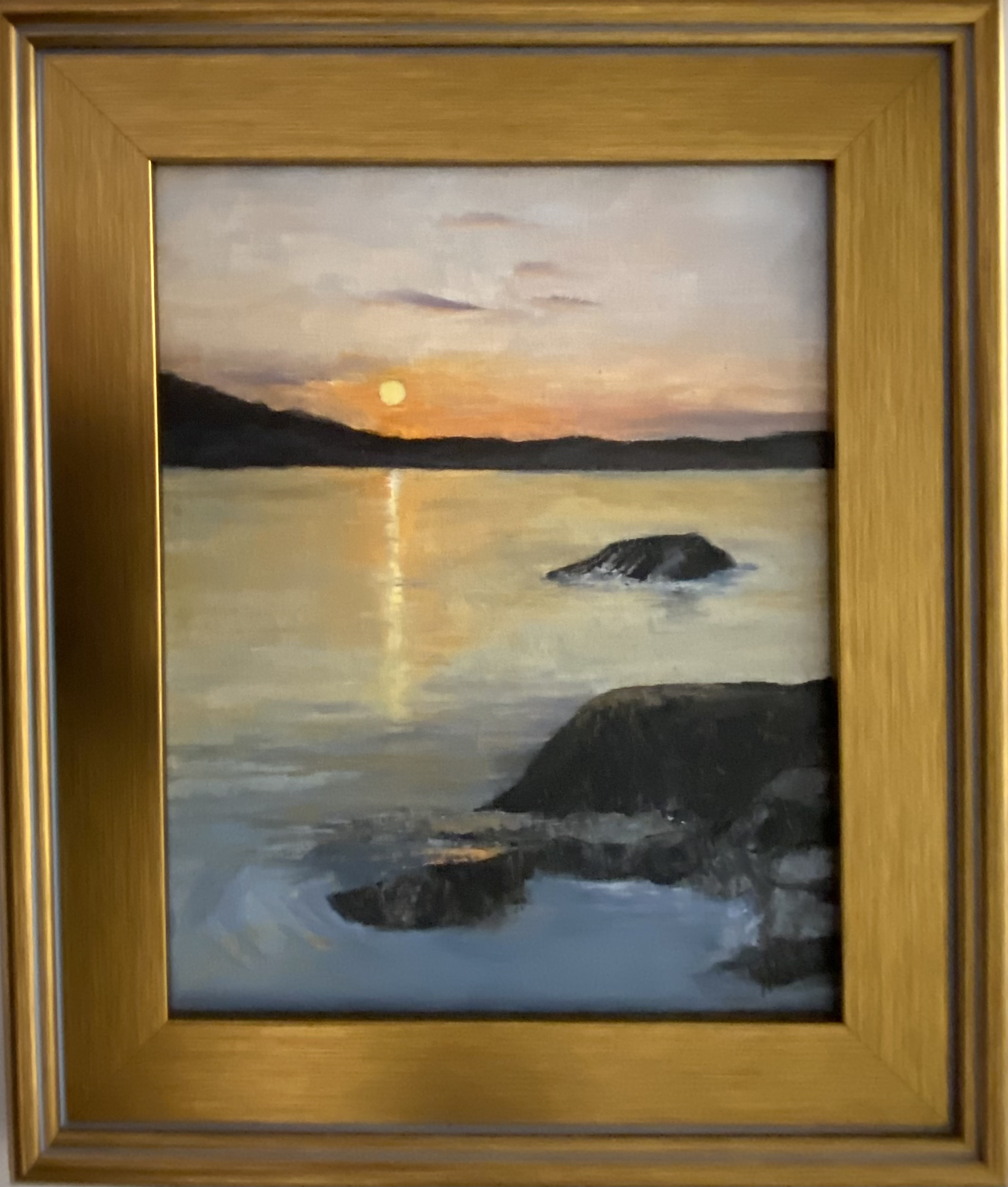 The tranquil Sunset On Lake Monroe is beautifully rendered in Henry Leck's reflective landscape painting.