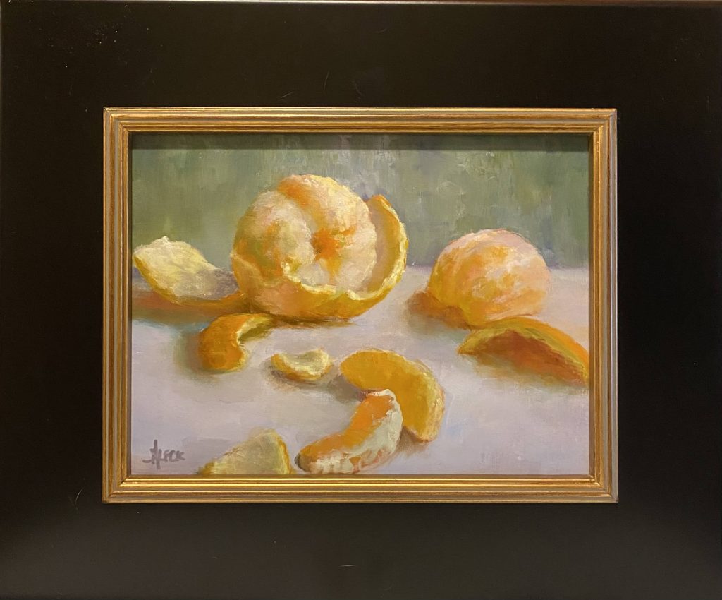 Still life oil painting by Henry Leck featuring a peeled orange with segments and rind scattered on a tabletop