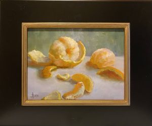 Still life oil painting by Henry Leck featuring a peeled orange with segments and rind scattered on a tabletop