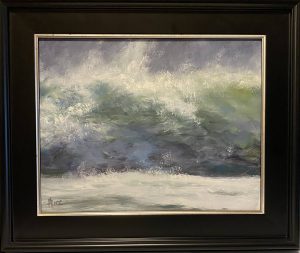Seascape oil painting by Henry Leck titled "Roar," depicting a crashing ocean wave with foam and motion in blues and greens