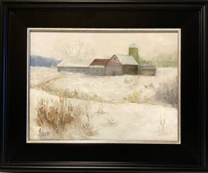 Oil landscape painting by Henry Leck titled "Winter Blanket," showing a snow-covered farm and muted countryside in winter