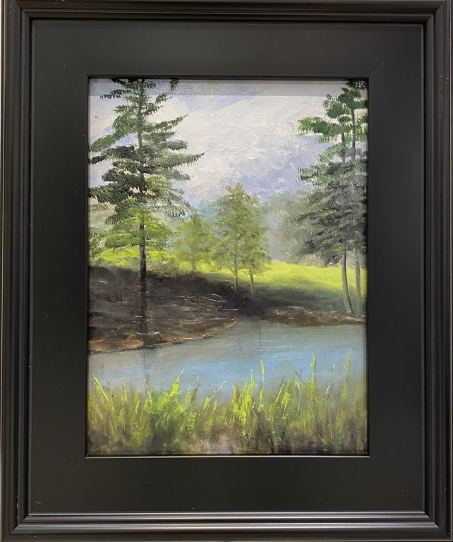 Original oil painting of an Indiana meadow landscape featuring a reflective pond, tall evergreen trees, and vibrant green grasses