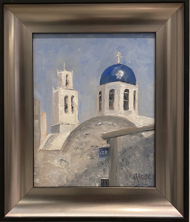 Original oil painting of Santorini's iconic white church with blue dome and bell tower against a soft blue sky