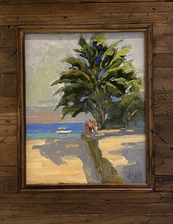 Oil painting of Tomatlan Beach Mexico featuring a large palm tree casting shadows on golden sand with figures standing near the shoreline and a boat on calm blue water