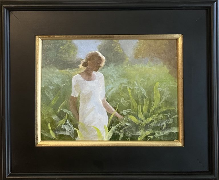 Figurative oil painting by Henry Leck depicting a woman in a white dress standing among lush green garden foliage in dappled sunlight