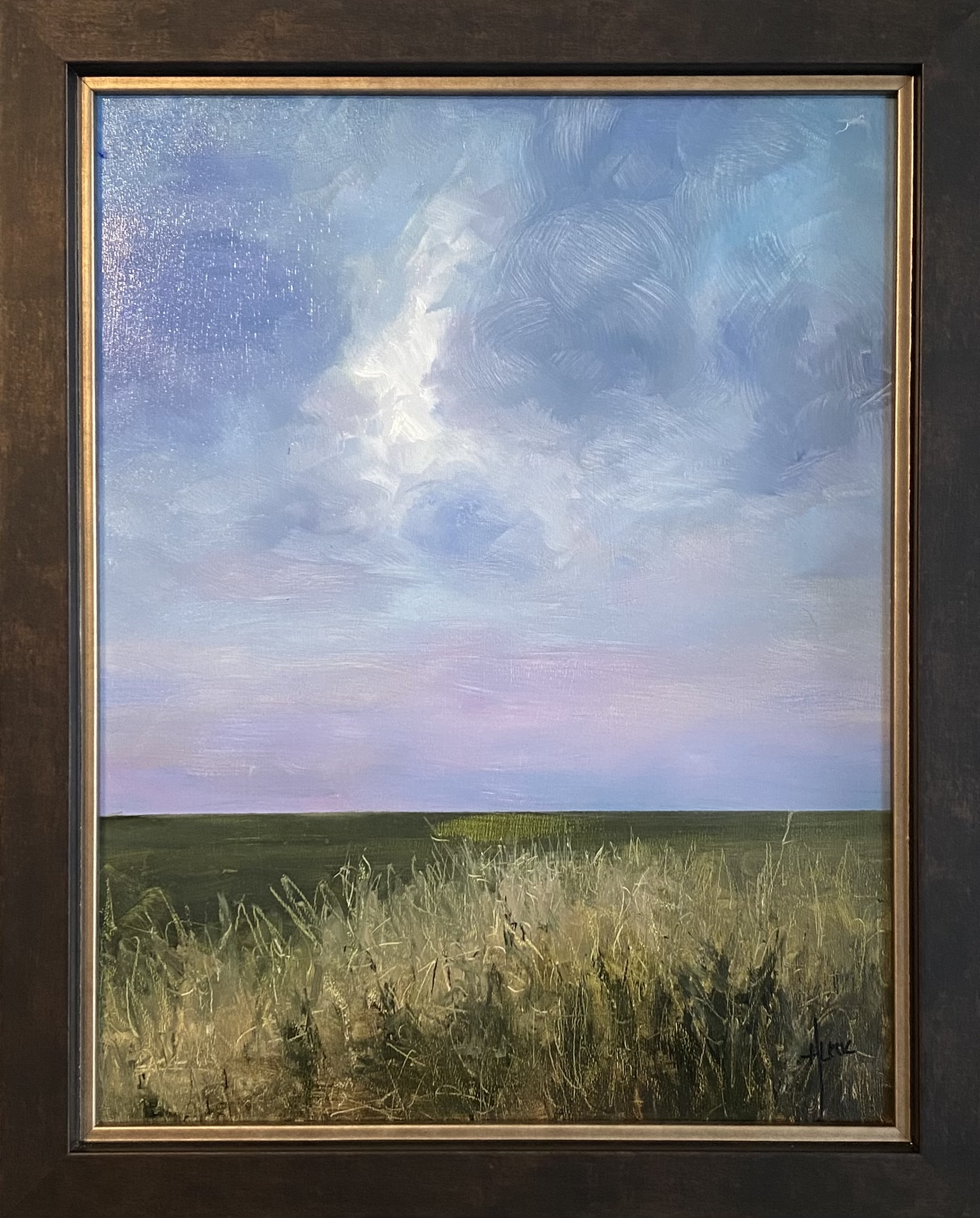 Landscape oil painting by Henry Leck depicting a wide open field beneath a dramatic sky with clouds and warm light on the horizon