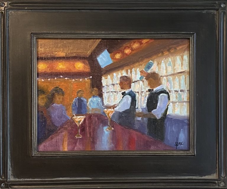 Figurative oil painting by Henry Leck depicting two bartenders working behind the bar at St. Elmo Steak House in Indianapolis, with patrons and glowing amber lights in the background