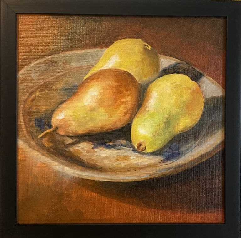 Still life oil painting by Henry Leck featuring three pears arranged in a ceramic bowl against a warm amber and brown background