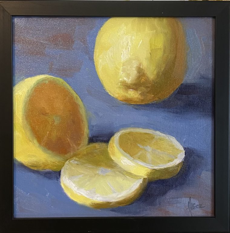 Still life oil painting by Henry Leck featuring a whole lemon and two cut lemon slices arranged on a blue surface with dramatic shadows