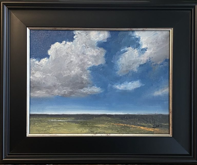 Landscape oil painting by Henry Leck depicting a wide open prairie under a deep blue sky with billowing cumulus clouds