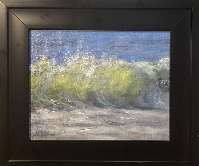 Seascape oil painting by Henry Leck featuring a large breaking wave with green and white foam against a blue sky and sandy shore