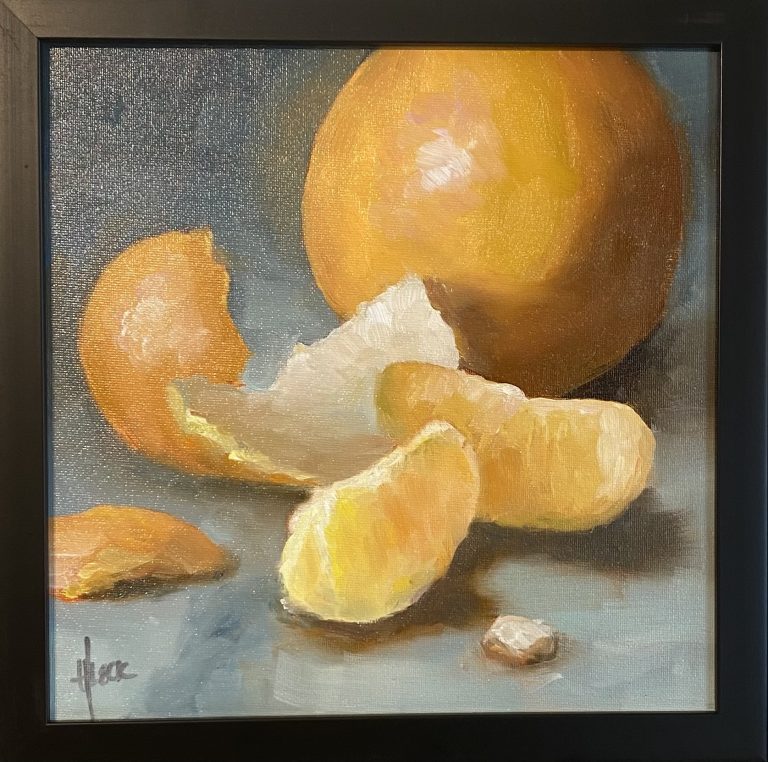 Still life oil painting by Henry Leck featuring a partially peeled orange with segments and rind scattered on a light surface
