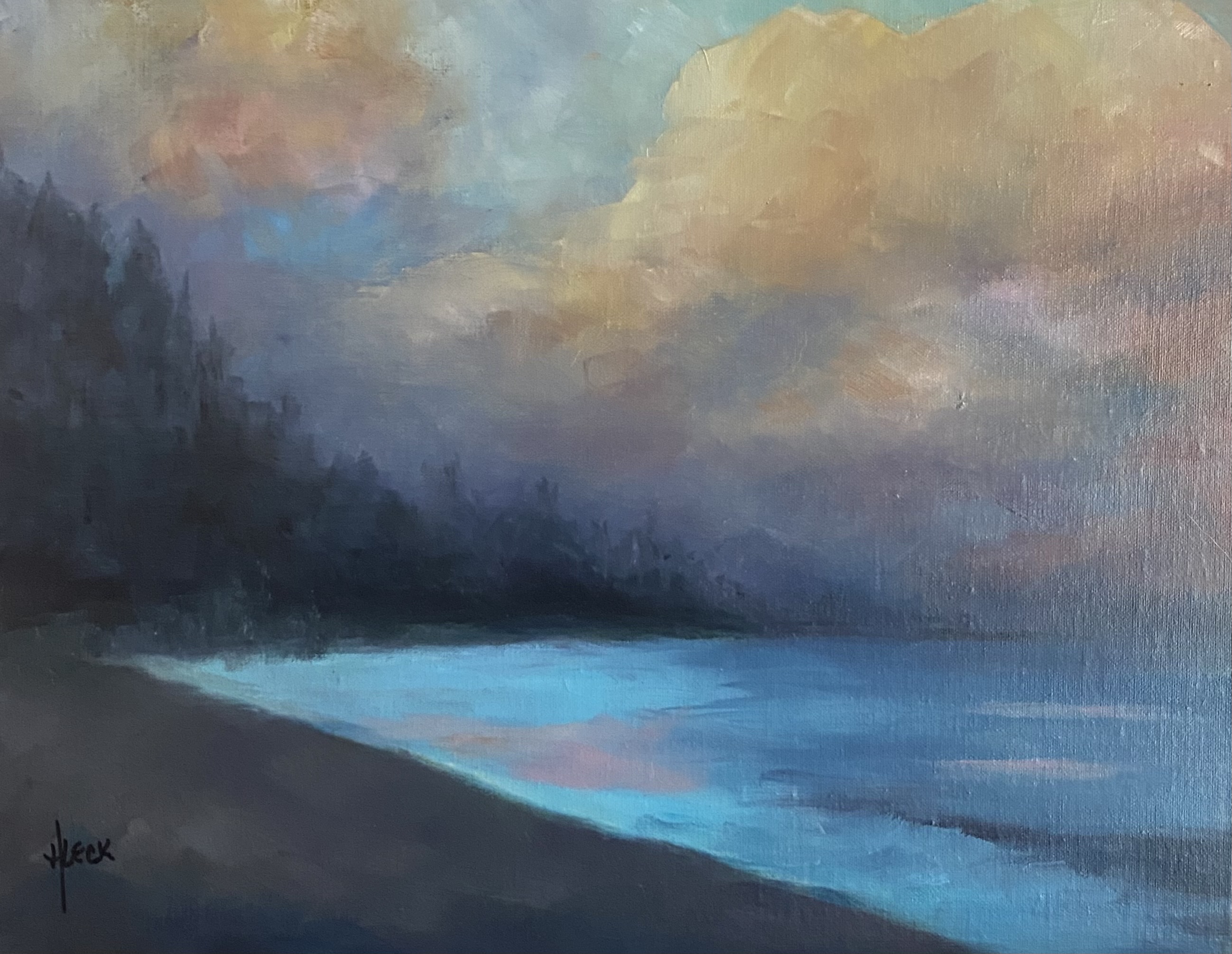 Oil painting of a misty lakeshore at dusk with warm golden clouds reflected in calm blue water, titled 'Lakeside Sunset' by Henry Leck.