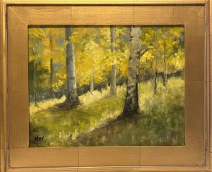 Oil landscape painting titled "Dappled Light" by Henry Leck, showing golden sunlight streaming through birch trees over a grassy forest floor, 11x14 inches